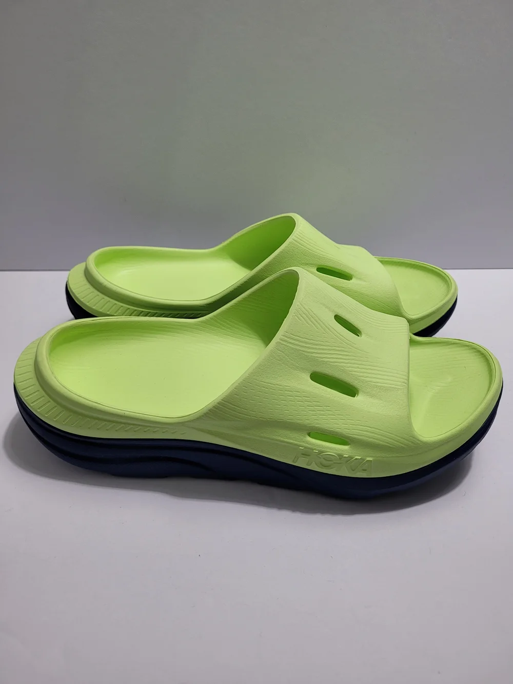 Hoka Ora Recovery Lime Green Slide Sandals with Dark Sole